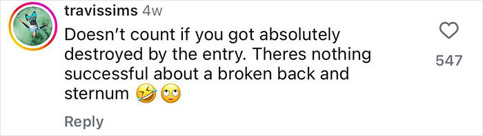 Comment on social media showing a 21-year-old daredevil seriously injuring himself during a record-breaking dive attempt. Comment on social media showing a 21-year-old daredevil seriously injuring himself during a record-breaking dive attempt.