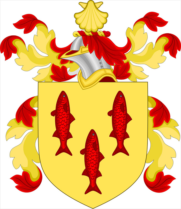 Heraldic shield with three red fish and decorative red and gold flourishes, symbolizing Boston’s oldest and richest families. Heraldic shield with three red fish and decorative red and gold flourishes, symbolizing Boston’s oldest and richest families.