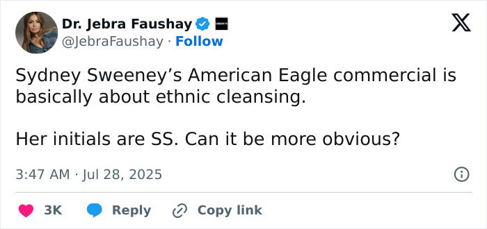 Tweet criticizing Sydney Sweeney’s American Eagle jeans ad, mentioning ethnic cleansing controversy and parody by comedian. Tweet criticizing Sydney Sweeney’s American Eagle jeans ad, mentioning ethnic cleansing controversy and parody by comedian.