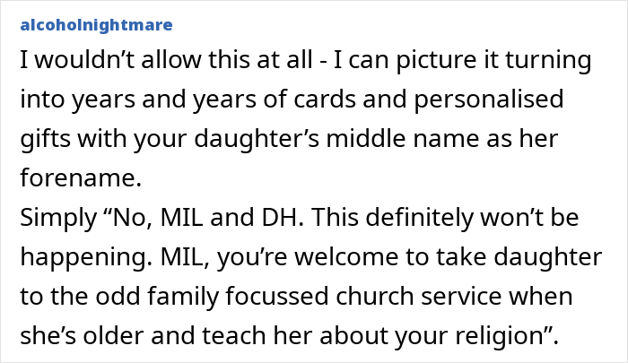 Commenter discusses MIL demanding a more Christian baby name, expressing discomfort and setting boundaries on religion and naming.