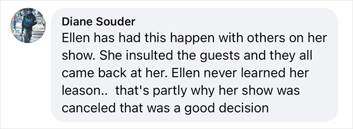 Screenshot of a social media comment criticizing Ellen DeGeneres for rude behavior, sparking Céline Dion fans' anger. Screenshot of a social media comment criticizing Ellen DeGeneres for rude behavior, sparking Céline Dion fans' anger.