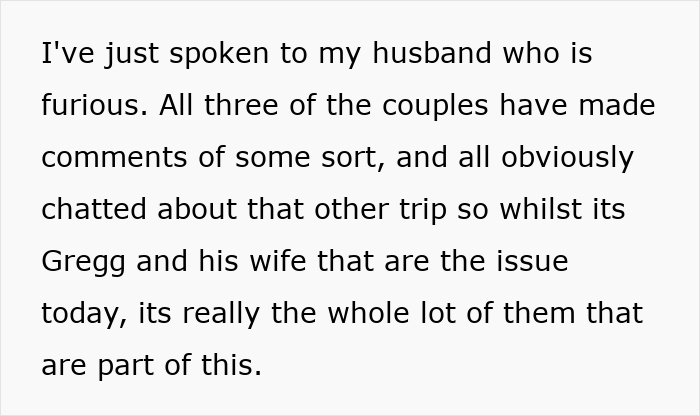 Text message discussing tension among couples due to woman refusing to be go-to nanny on trip, affecting the group vibe. Text message discussing tension among couples due to woman refusing to be go-to nanny on trip, affecting the group vibe.