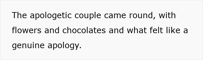 Text on a white background reads about an apologetic couple offering flowers and chocolates with a genuine apology. Text on a white background reads about an apologetic couple offering flowers and chocolates with a genuine apology.