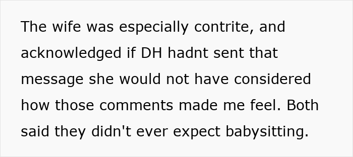 Text on a screen discussing a wife acknowledging unexpected babysitting caused hurt feelings during a couples’ trip. Text on a screen discussing a wife acknowledging unexpected babysitting caused hurt feelings during a couples’ trip.