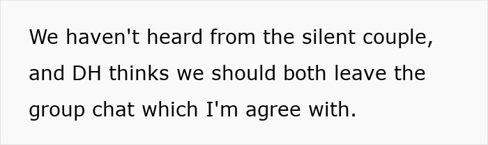 Text message discussing group chat issues and tension on a couples’ trip involving woman refusing to be go-to nanny. Text message discussing group chat issues and tension on a couples’ trip involving woman refusing to be go-to nanny.