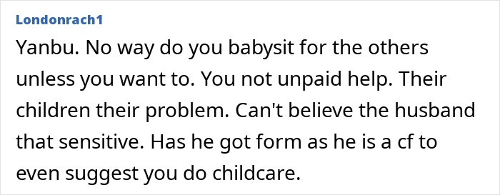 Comment about woman refusing to be the go-to nanny on a couples’ trip, emphasizing unpaid childcare responsibility. Comment about woman refusing to be the go-to nanny on a couples’ trip, emphasizing unpaid childcare responsibility.