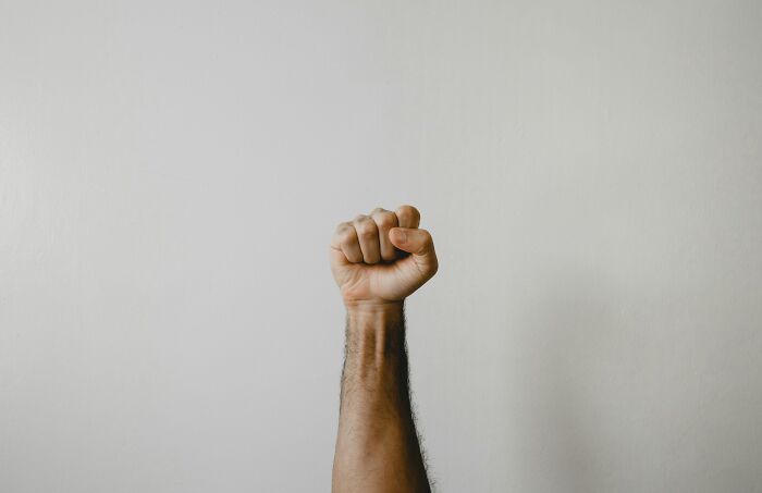 A raised human fist against a plain background symbolizing bizarre beliefs people still fall for despite myth busted by actual science.