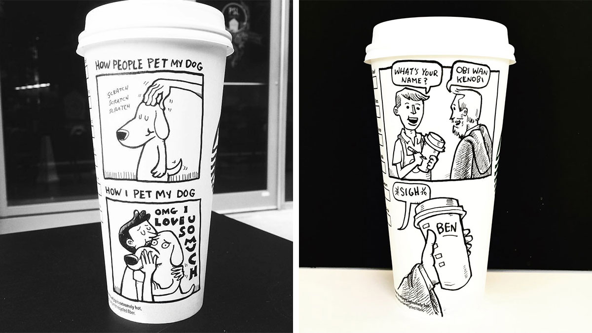 Coffee cups featuring hilarious relatable cartoons by an artist, depicting humorous everyday scenarios in black and white.