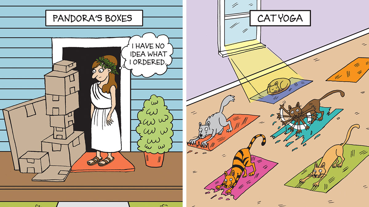 Two funny comics featuring humorous characters and absurd situations including Pandora with boxes and cats doing yoga.