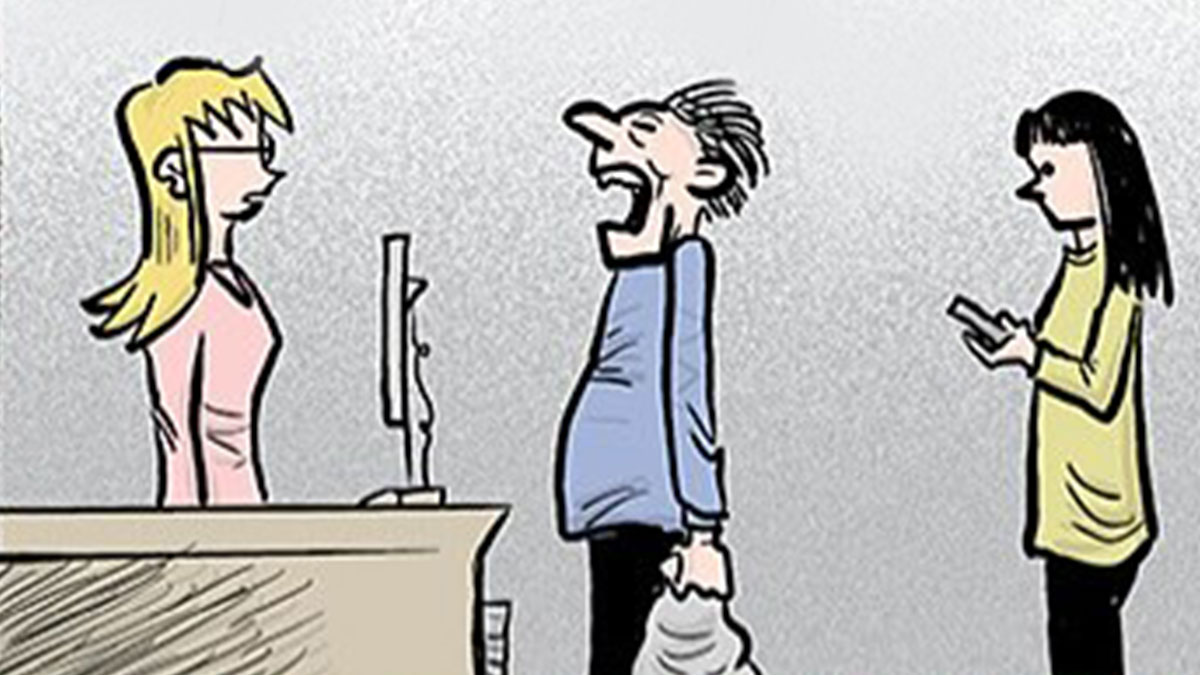 Cartoon comic showing chaotic work life with tired man yawning at office reception and a woman on phone nearby.