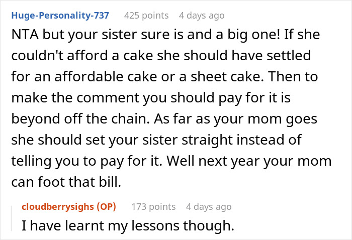 Screenshot of an online discussion about a sister insisting aunt with no kids should pay for cake causing party drama. Screenshot of an online discussion about a sister insisting aunt with no kids should pay for cake causing party drama.