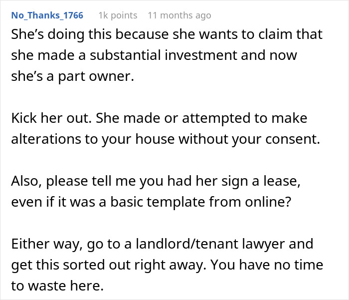Comment discussing woman dealing with contractors quoting home remodel jobs and roommate plotting changes without consent Comment discussing woman dealing with contractors quoting home remodel jobs and roommate plotting changes without consent