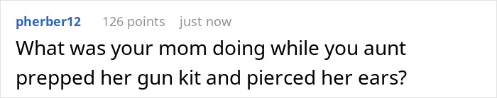 Comment about mom reacting after aunt sneaks in unlicensed ear piercing with gold studs during baby visit. Comment about mom reacting after aunt sneaks in unlicensed ear piercing with gold studs during baby visit.