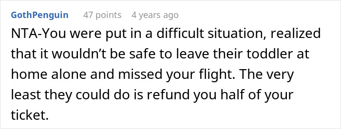 Text from a Reddit comment discussing a woman missing her flight while babysitting niece and asking parents for compensation. Text from a Reddit comment discussing a woman missing her flight while babysitting niece and asking parents for compensation.
