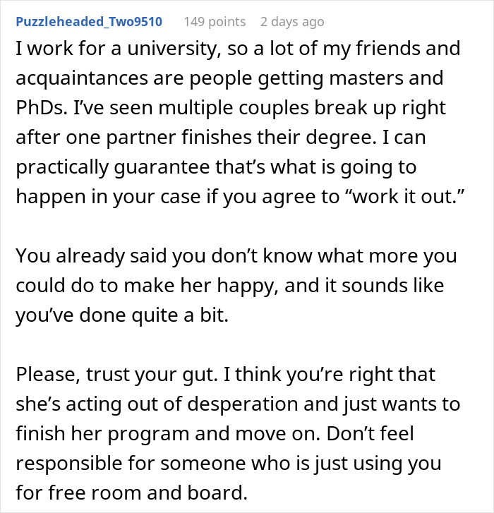 Comment discussing a breakup where ex staying affects her school plans and advice about moving out after a breakup. Comment discussing a breakup where ex staying affects her school plans and advice about moving out after a breakup.