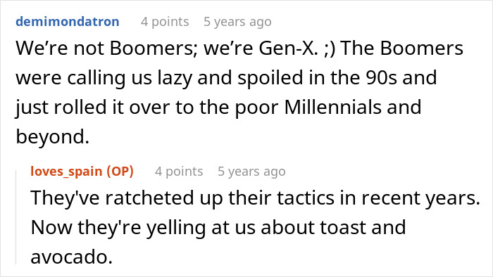 Screenshot of a social media comment thread discussing generational differences and humor about millennials and Gen-X. Screenshot of a social media comment thread discussing generational differences and humor about millennials and Gen-X.