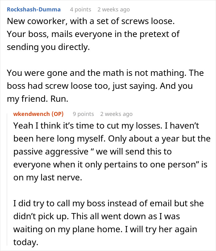 Text conversation about a lazy worker doing the bare minimum and workplace frustration with passive-aggressive boss emails.