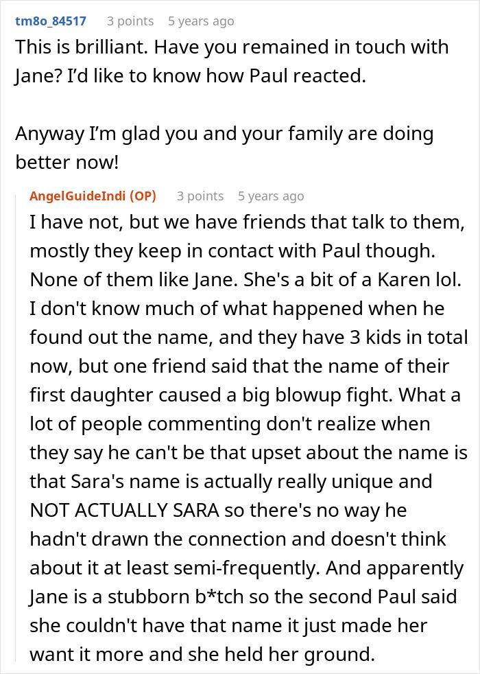 Reddit conversation about a lady getting revenge on sister's bad ex by convincing his wife to unknowingly name their baby after her. Reddit conversation about a lady getting revenge on sister's bad ex by convincing his wife to unknowingly name their baby after her.