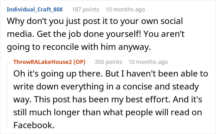 Screenshot of a Reddit conversation discussing challenges related to false accusation wife father and social media posts.