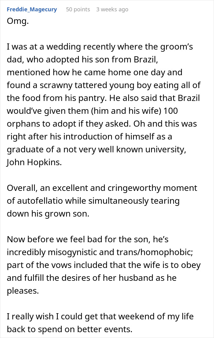 Text post describing a best man’s speech comparing the groom’s bride choice to an IKEA shopping trip, shocking wedding guests.