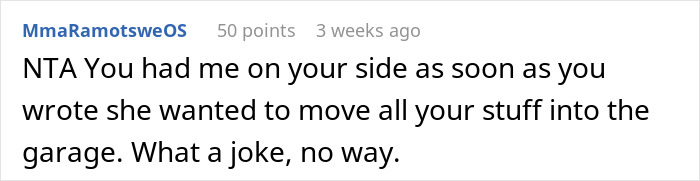 Comment stating refusal to give home to sister’s family, insisting I’m not a landlord and rejecting moving belongings into the garage.
