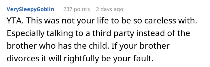 Screenshot of a Reddit comment discussing a man’s secret child causing potential divorce, with strong user opinion expressed. Screenshot of a Reddit comment discussing a man’s secret child causing potential divorce, with strong user opinion expressed.