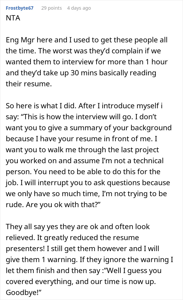 Reddit comment from engineering manager sharing tips on handling job interviews and candidate resume presentations. Reddit comment from engineering manager sharing tips on handling job interviews and candidate resume presentations.