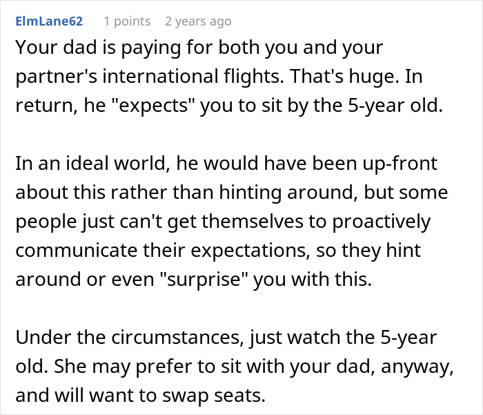 Text from a forum discussing avoiding babysitting a little sister during a trip paid for by dad and seat-swapping to do so. Text from a forum discussing avoiding babysitting a little sister during a trip paid for by dad and seat-swapping to do so.