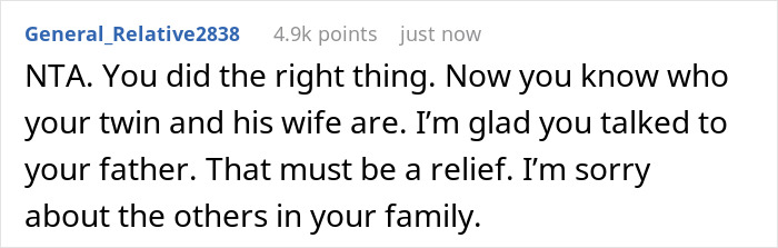 Comment on Reddit discussing a gay man’s experience attending his twin’s wedding with his partner despite not being invited. Comment on Reddit discussing a gay man’s experience attending his twin’s wedding with his partner despite not being invited.