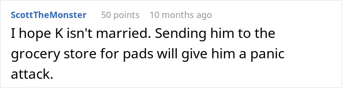Screenshot of a Reddit comment humorously referencing a custodian’s claim about emptying feminine hygiene waste bins. Screenshot of a Reddit comment humorously referencing a custodian’s claim about emptying feminine hygiene waste bins.