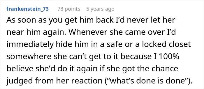 Comment discussing protecting grandson from entitled grandma who caused family drama by stealing ashes and dismissing the issue.