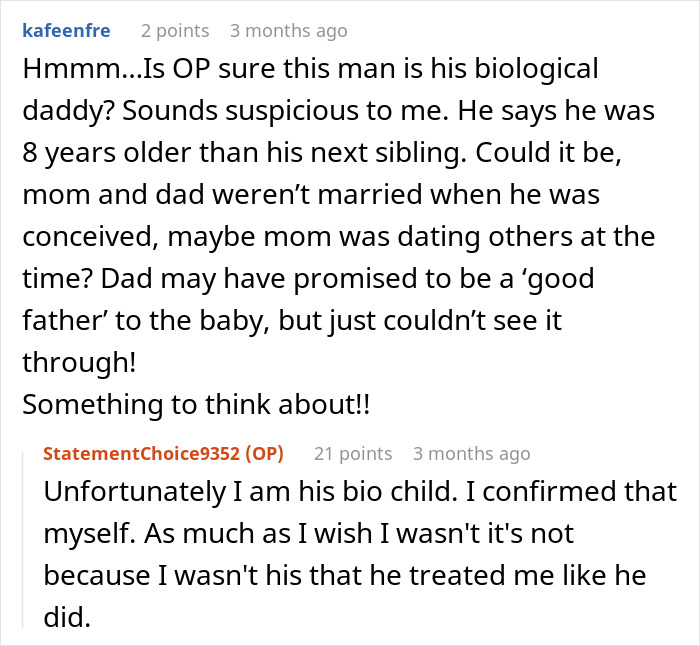 Screenshot of an online discussion about a man refusing to donate an organ to his abusive father from childhood. Screenshot of an online discussion about a man refusing to donate an organ to his abusive father from childhood.