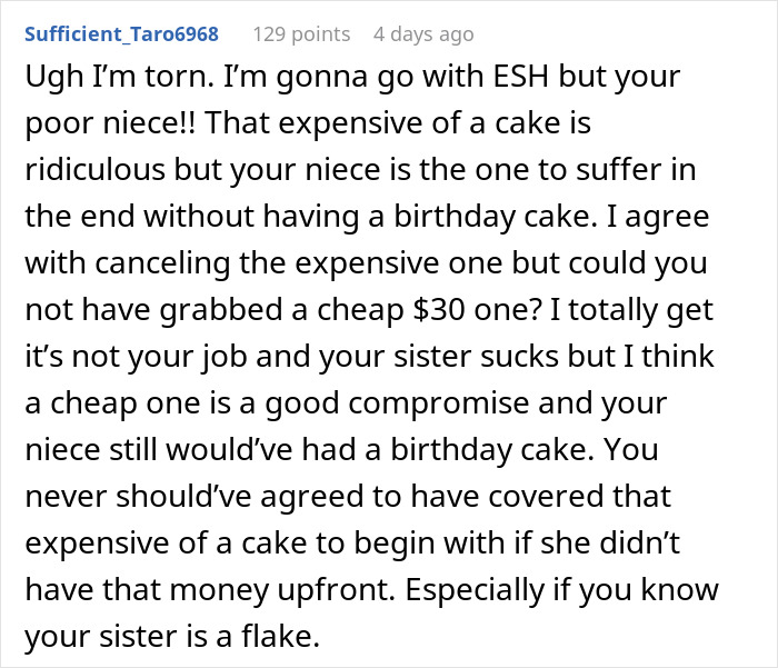 Comment discussing drama over sister demanding aunt with no kids pay for birthday cake after order was canceled. Comment discussing drama over sister demanding aunt with no kids pay for birthday cake after order was canceled.