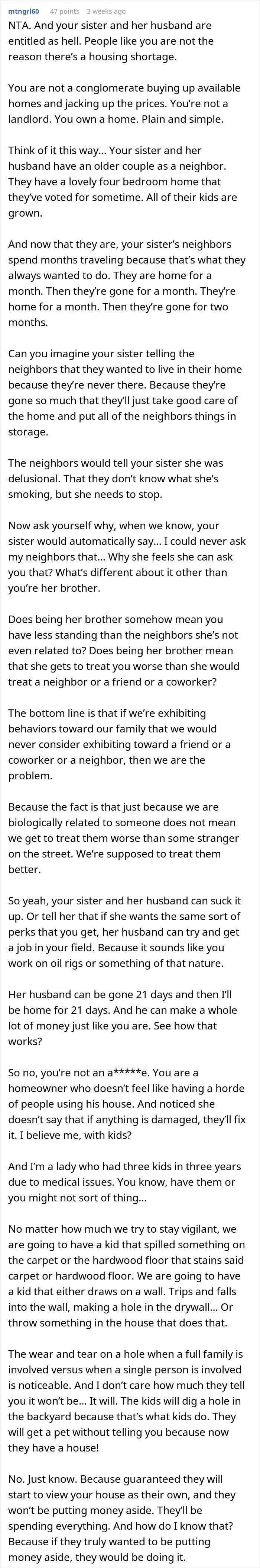 Man firmly refusing to give his home to sister and her family, asserting he is not a landlord or obligated to share.