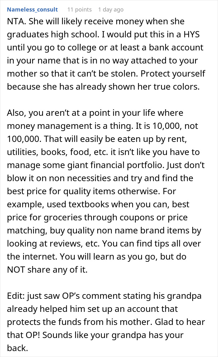 Forum comment advising grandson to protect $10K college gift from wealthy grandpa amid family money sharing conflict. Forum comment advising grandson to protect $10K college gift from wealthy grandpa amid family money sharing conflict.
