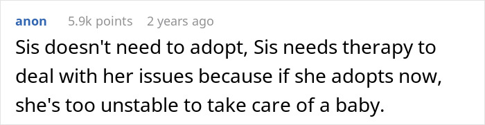 Text post from anon with 5.9k points discussing therapy and adoption issues related to a baby-mad woman’s struggles. Text post from anon with 5.9k points discussing therapy and adoption issues related to a baby-mad woman’s struggles.