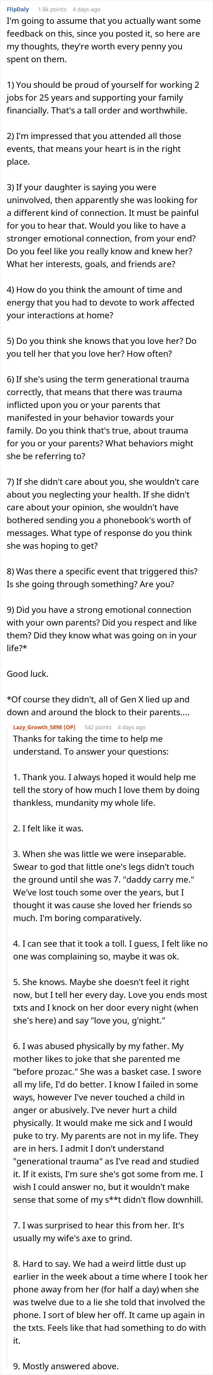 Man reading detailed online comments about daughter demanding apology for generational trauma, reflecting on family and emotions.