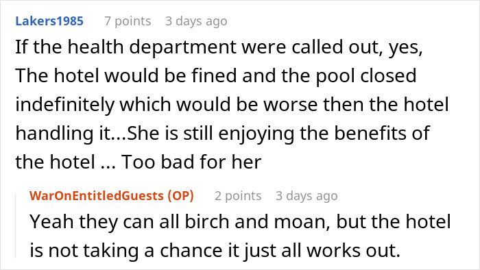 Forum discussion about Karen’s kid poop incident and hotel pool being fined or closed indefinitely due to health concerns.
