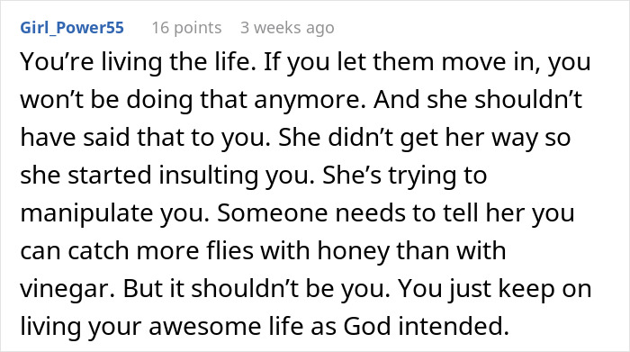 Comment discussing refusal to become a landlord, warning about manipulation and advising to maintain a good life without giving in.