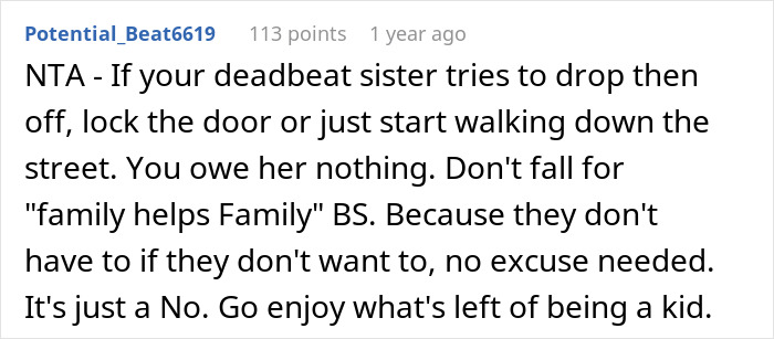 Comment advising a 17-year-old to set boundaries after years of unpaid babysitting without respect.