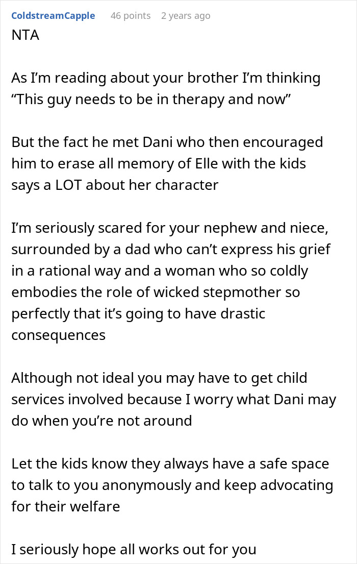 Comment discussing a guy and new wife trying to erase late wife from kids’ lives, with worry for children’s welfare. Comment discussing a guy and new wife trying to erase late wife from kids’ lives, with worry for children’s welfare.