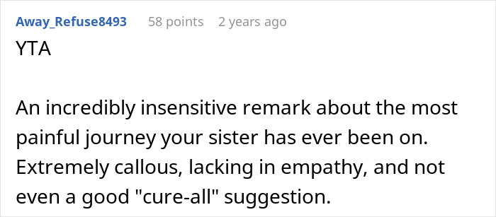 Comment discussing a baby-mad woman struggling to conceive and reacting emotionally to her sister's adoption suggestion. Comment discussing a baby-mad woman struggling to conceive and reacting emotionally to her sister's adoption suggestion.
