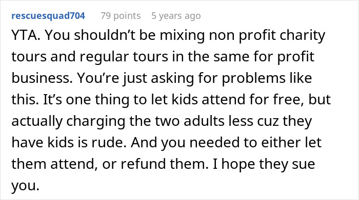 Screenshot of an online comment criticizing a tour company for policies that caused backlash from a childfree couple on a family tour.
