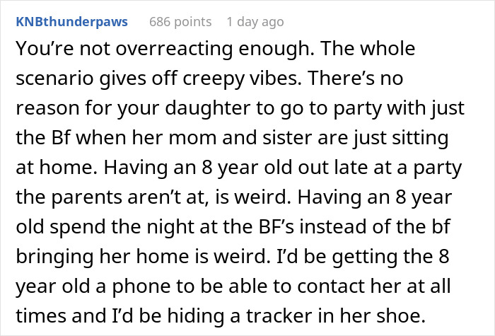 Comment discussing concerns about an 8-year-old spending the night at mom’s boyfriend’s house without family or female presence. Comment discussing concerns about an 8-year-old spending the night at mom’s boyfriend’s house without family or female presence.