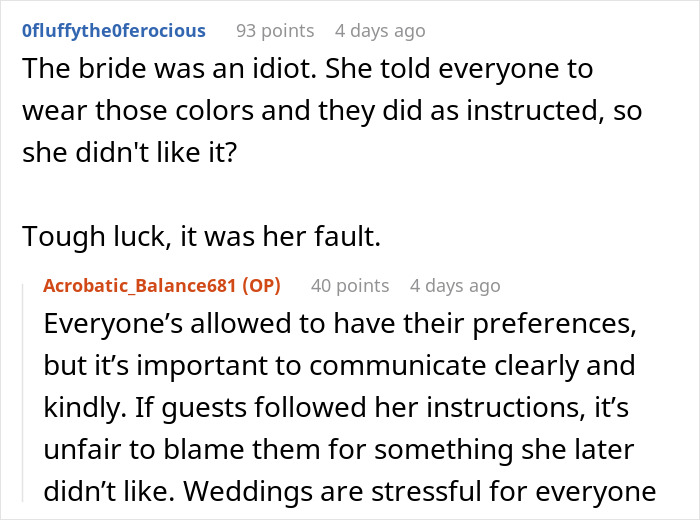 Conversation discussing a bride upset about guests not wearing color despite being told to wear neutrals at a wedding. Conversation discussing a bride upset about guests not wearing color despite being told to wear neutrals at a wedding.