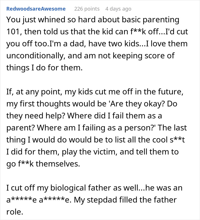 Comment discussing parenting challenges and responses related to generational trauma and family dynamics online.