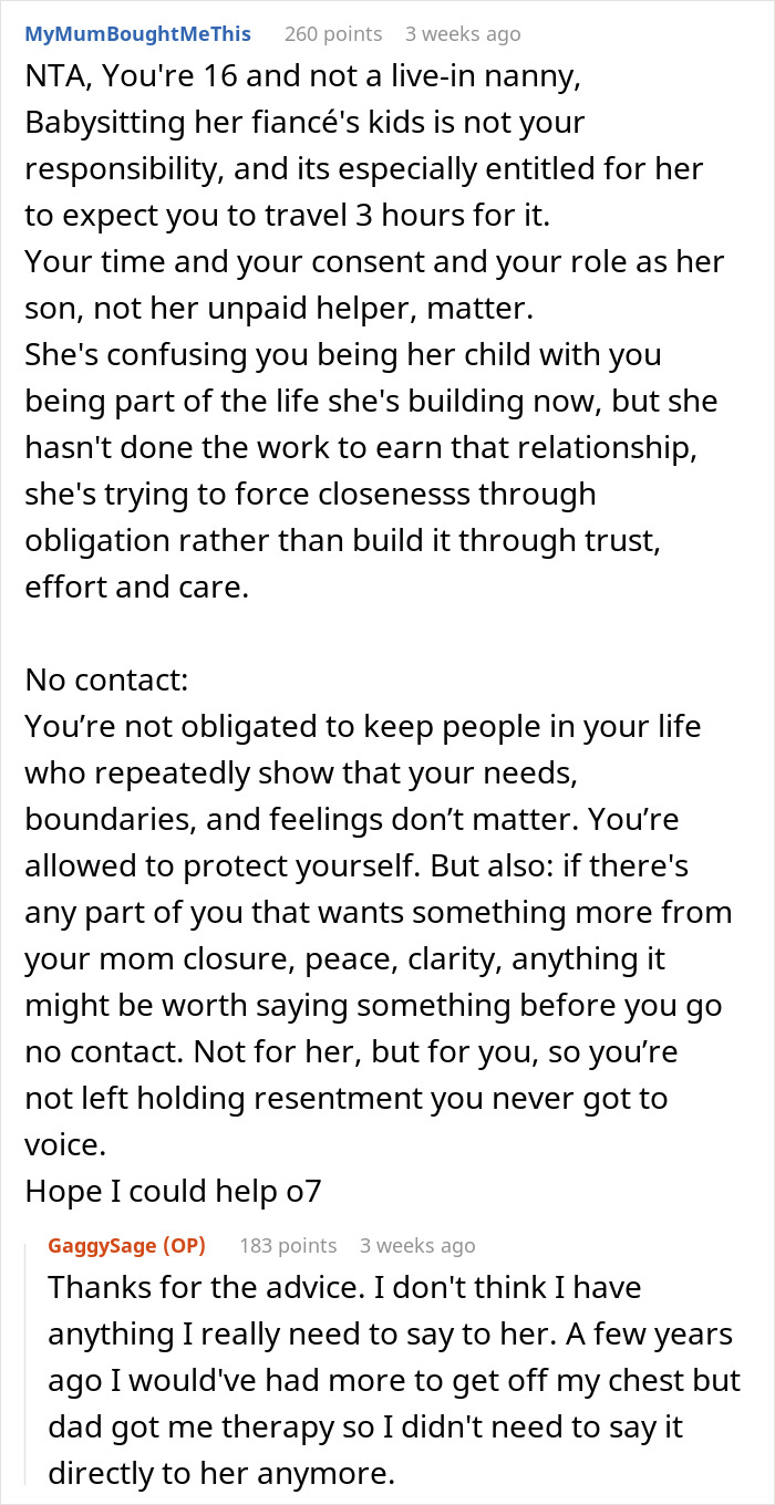 Reddit comment explaining a teen’s refusal to babysit fiancé’s kids amid absentee mom’s unreasonable expectations. Reddit comment explaining a teen’s refusal to babysit fiancé’s kids amid absentee mom’s unreasonable expectations.