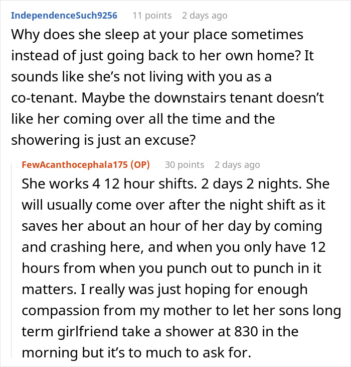Reddit conversation about a man confused over his girlfriend not visiting mornings, causing drama with his mom. Reddit conversation about a man confused over his girlfriend not visiting mornings, causing drama with his mom.