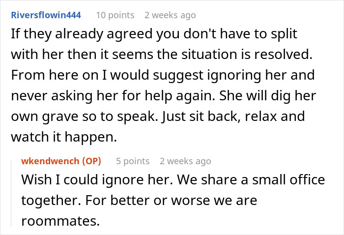 Online discussion about a lazy worker doing the bare minimum and demanding half of coworker’s commission for minimal help.