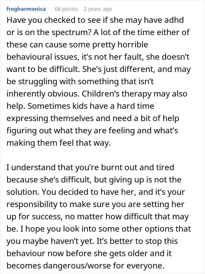 Comment discussing mom sparking backlash with brutally honest confession about parenting challenges and return program.